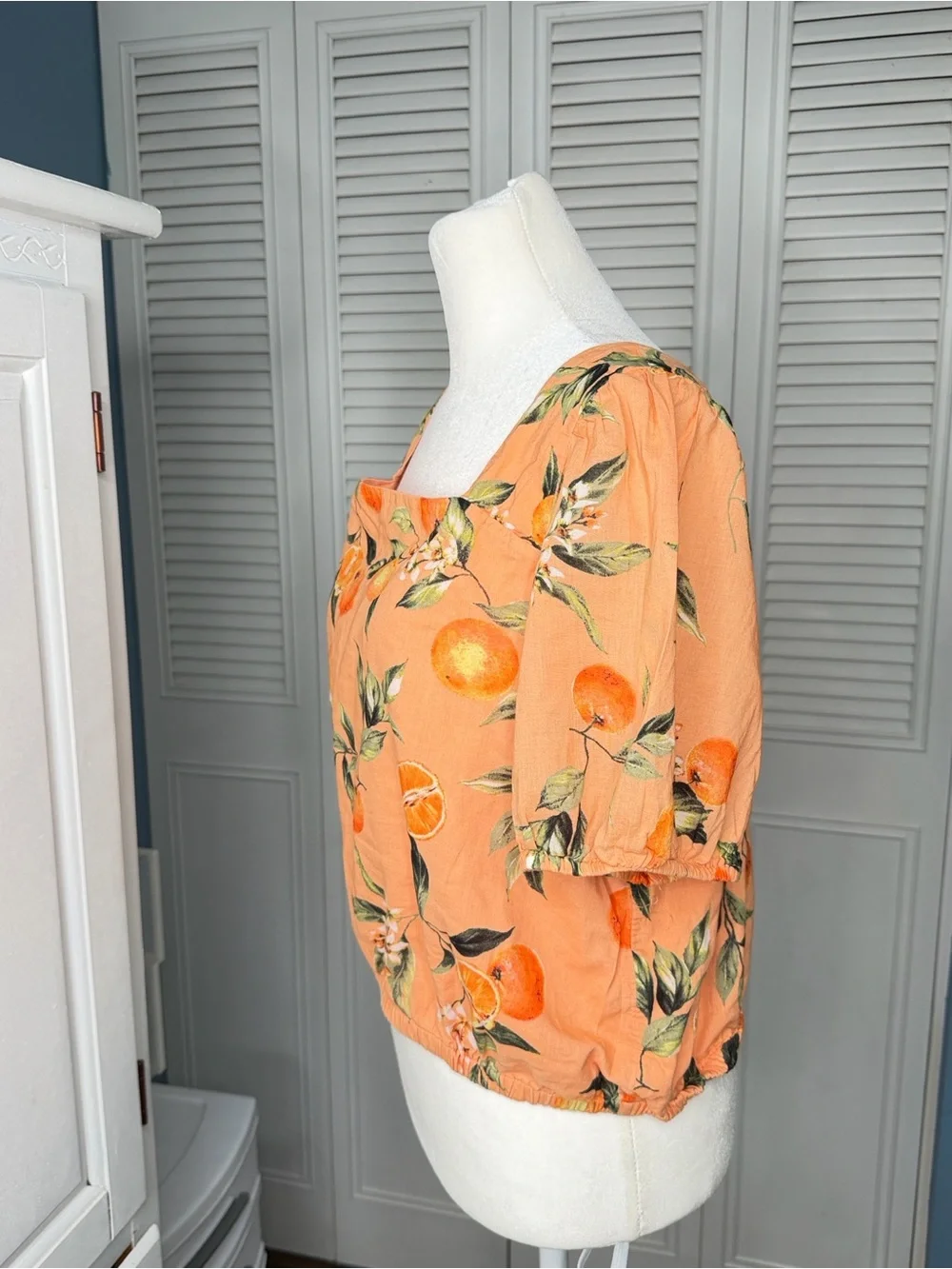 LOFT Harvest Crop Orange Floral Square-Neck Puff Sleeve Top